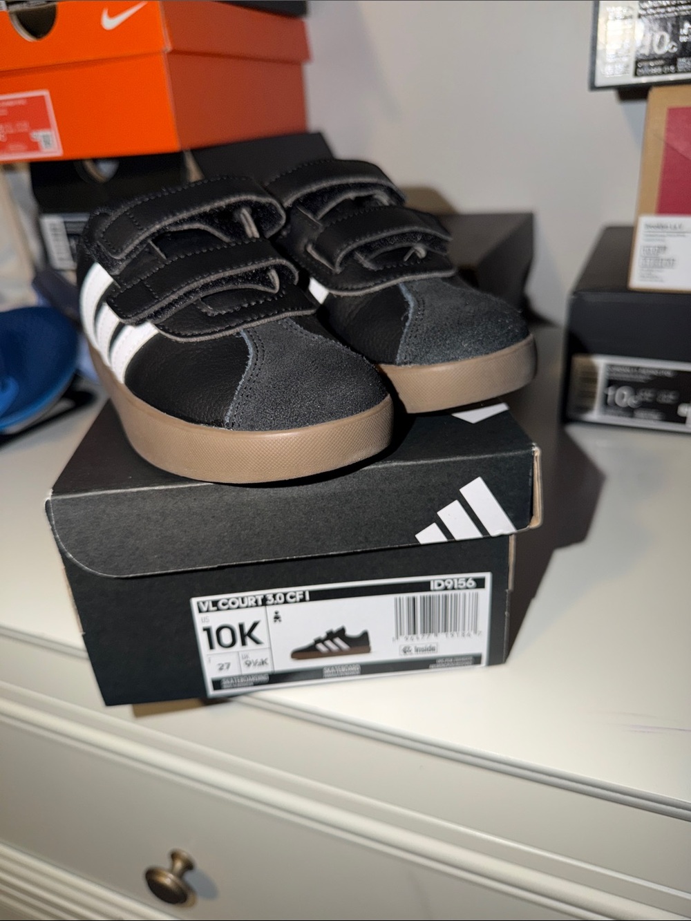adidas Kids Black and White Velcro Court Sneakers with Gum Sole